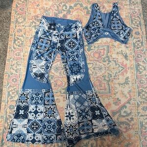 Blue and White Patchwork Bell Bottom Workout Set
